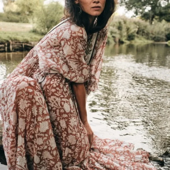 Daughters of India Floral Midi Dress - Cream and Brown - Picture 3 of 4